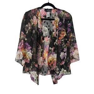 Alex Evenings Sheer Floral Burnout Jacket Medium Black Pink Purple Romantic Mesh